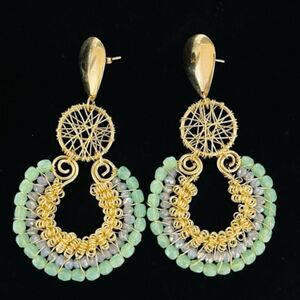 Hoop Drop Dangle Earrings Gold Tone Micro Bead 3" Excellent Condition